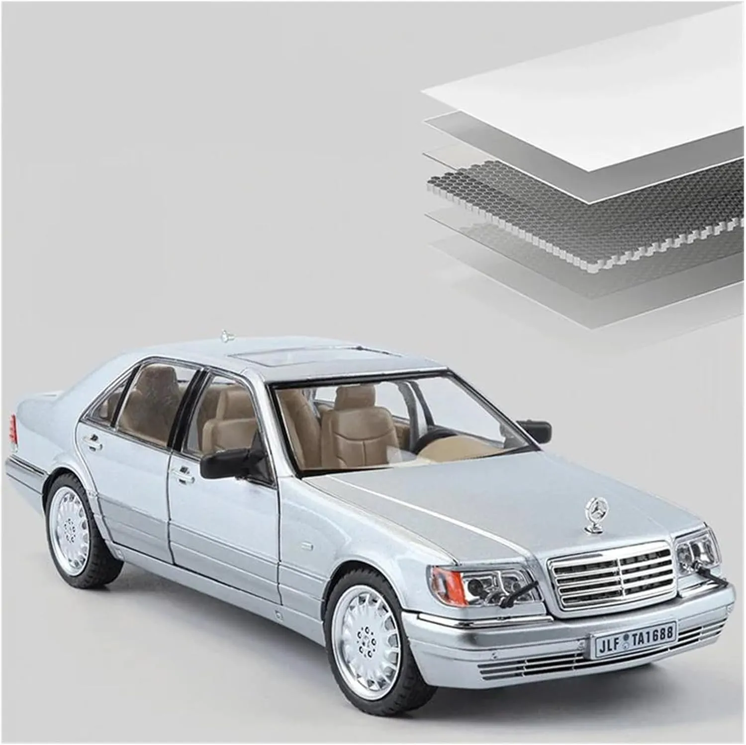 1 24 for Benz W140 S320 SEL Alloy Classic Car Model Diecast Metal Retro Old Vehicles Sound Light Car Model Simulation Vehicle Playset(Silver)