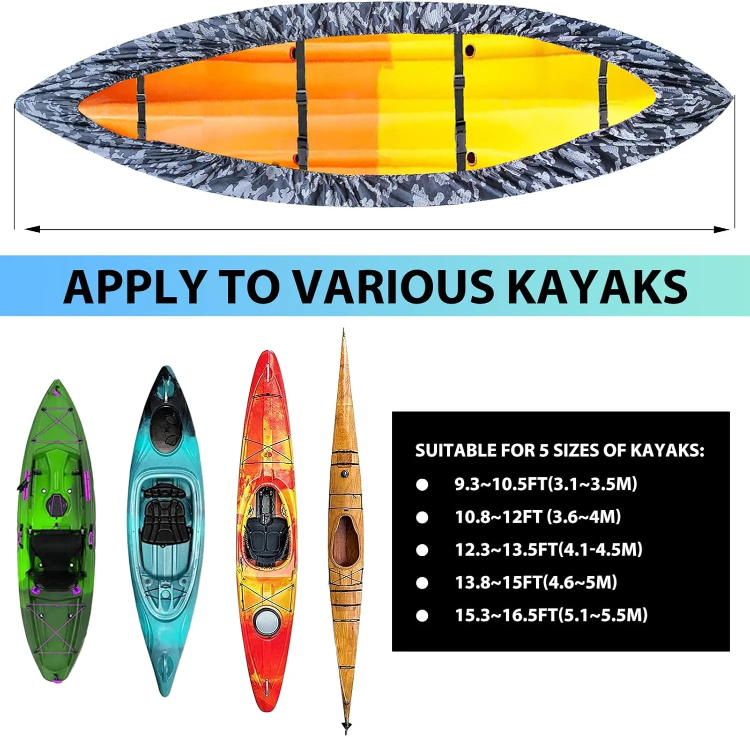 10-16FT Waterproof Kayak Covers for Outdoor Storage, Canoe Cover Accessories, Boat Cover Oxford Shade Marine Cockpit Dust Cover UV Protection Ultra Sunblock Shield for Fishing Boat Kayak Canoe
