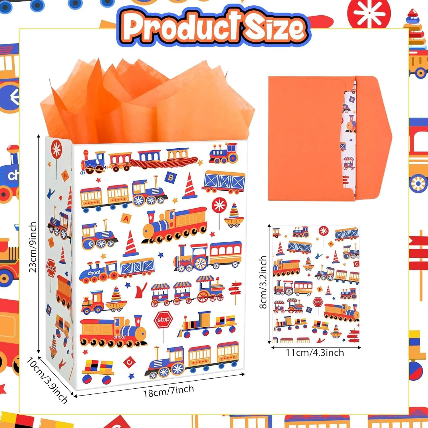 10 Sets Vehicle Themed Gift Bags with Greeting Cards and Tissue Paper Train Party Favor bags with Handles for Boys, Kids Birthday, Baby Shower, Party Supplies, 9 x 7 x 4 inches (Train)