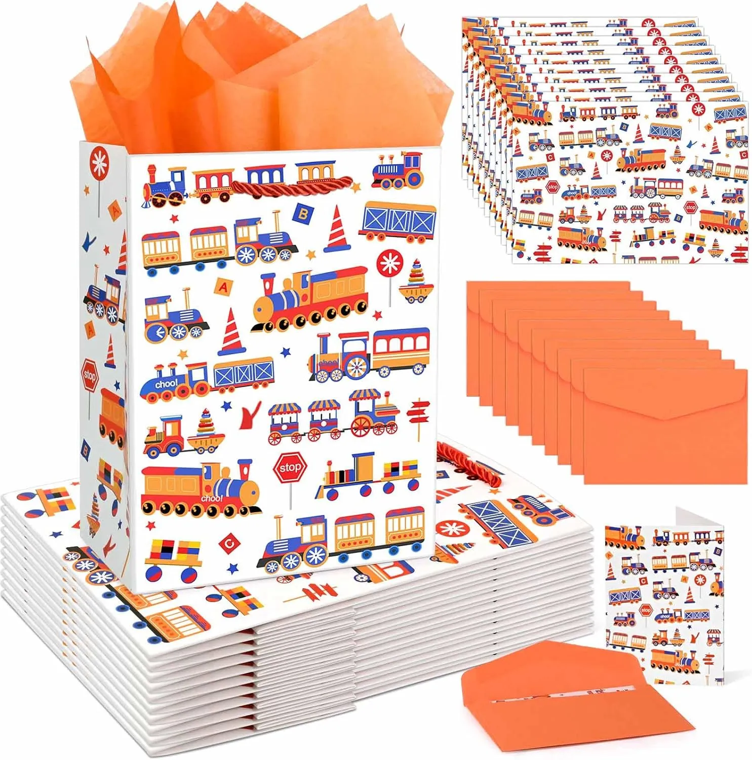 10 Sets Vehicle Themed Gift Bags with Greeting Cards and Tissue Paper Train Party Favor bags with Handles for Boys, Kids Birthday, Baby Shower, Party Supplies, 9 x 7 x 4 inches (Train)