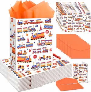 10 Sets Vehicle Themed Gift Bags with Greeting Cards and Tissue Paper Train Party Favor bags with Handles for Boys, Kids Birthday, Baby Shower, Party Supplies, 9 x 7 x 4 inches (Train)