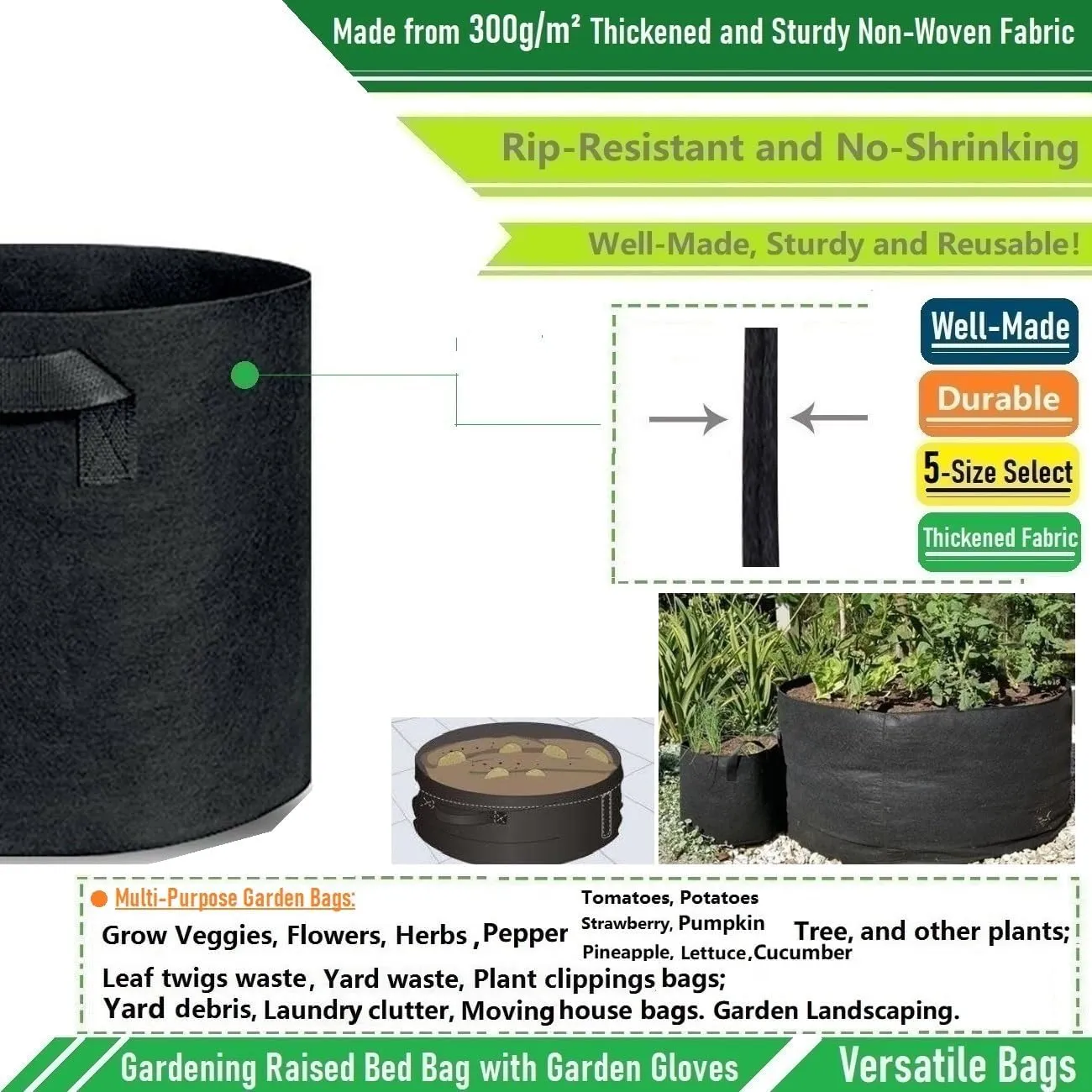 100 Gallon Large Raised Garden Bed Bag (40x20 inch) Big Garden Bag Sturdy Plant Grow Bag for Potato Planter,Herb Veggies,Tomato Planter Bag,Flower Bed,Yard Waste Bag,Lawn Debris Bag,Leaf Bag W/ Gloves