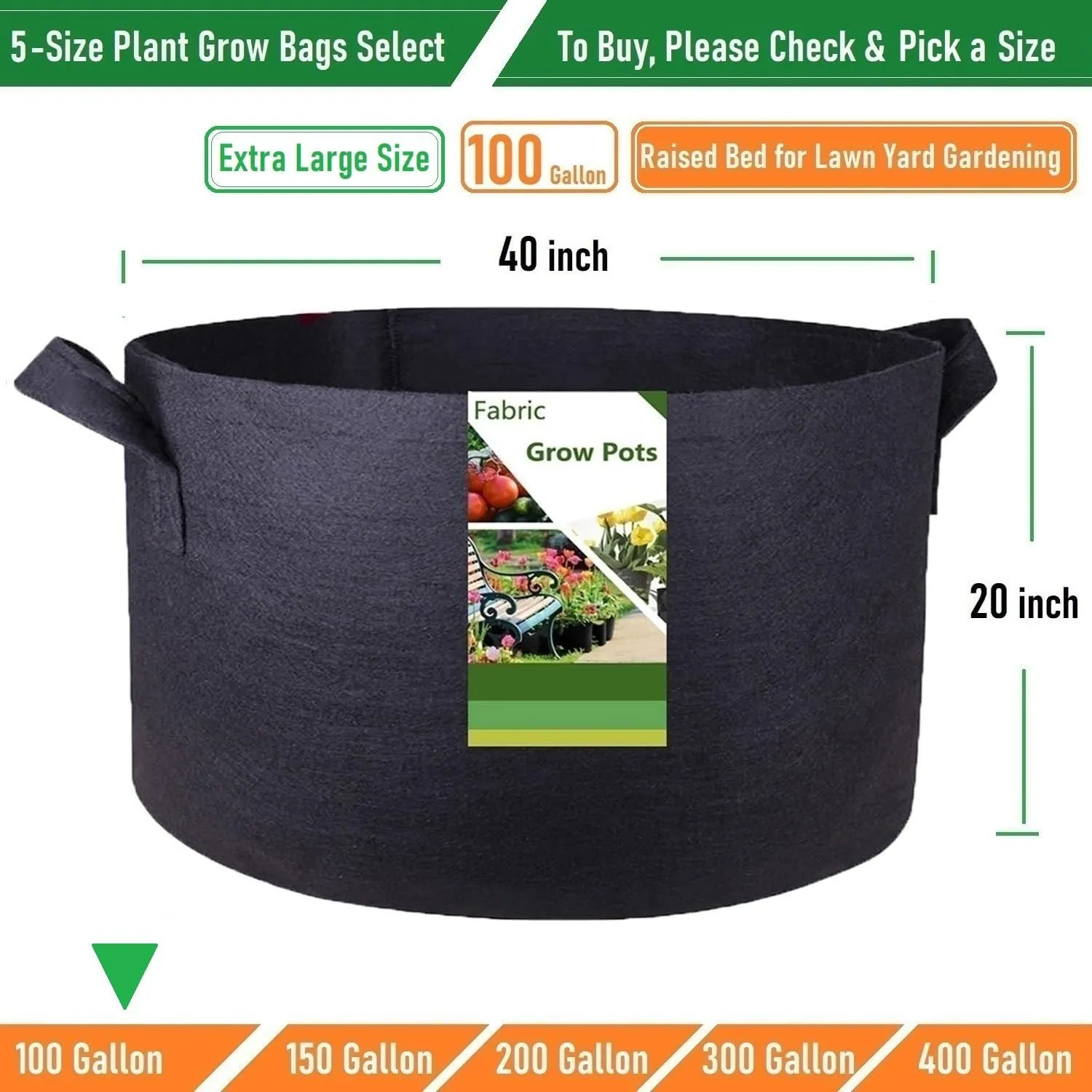 100 Gallon Large Raised Garden Bed Bag (40x20 inch) Big Garden Bag Sturdy Plant Grow Bag for Potato Planter,Herb Veggies,Tomato Planter Bag,Flower Bed,Yard Waste Bag,Lawn Debris Bag,Leaf Bag W/ Gloves