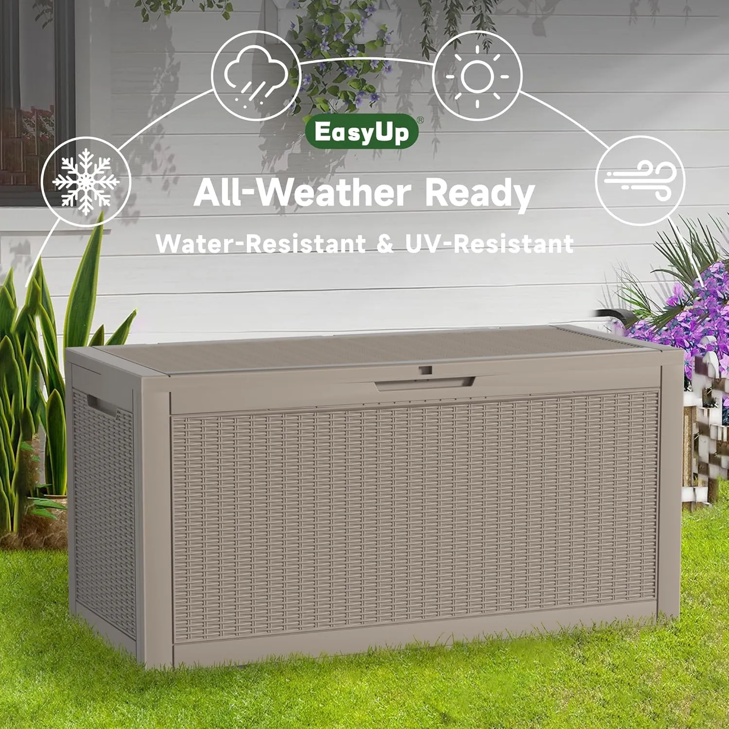 100 Gallon Outdoor Storage Box Waterproof, UV Resistant Resin Deck Box with Hydraulic Rod, Reinforced Stability for Patio, Garden, Rattan Beige