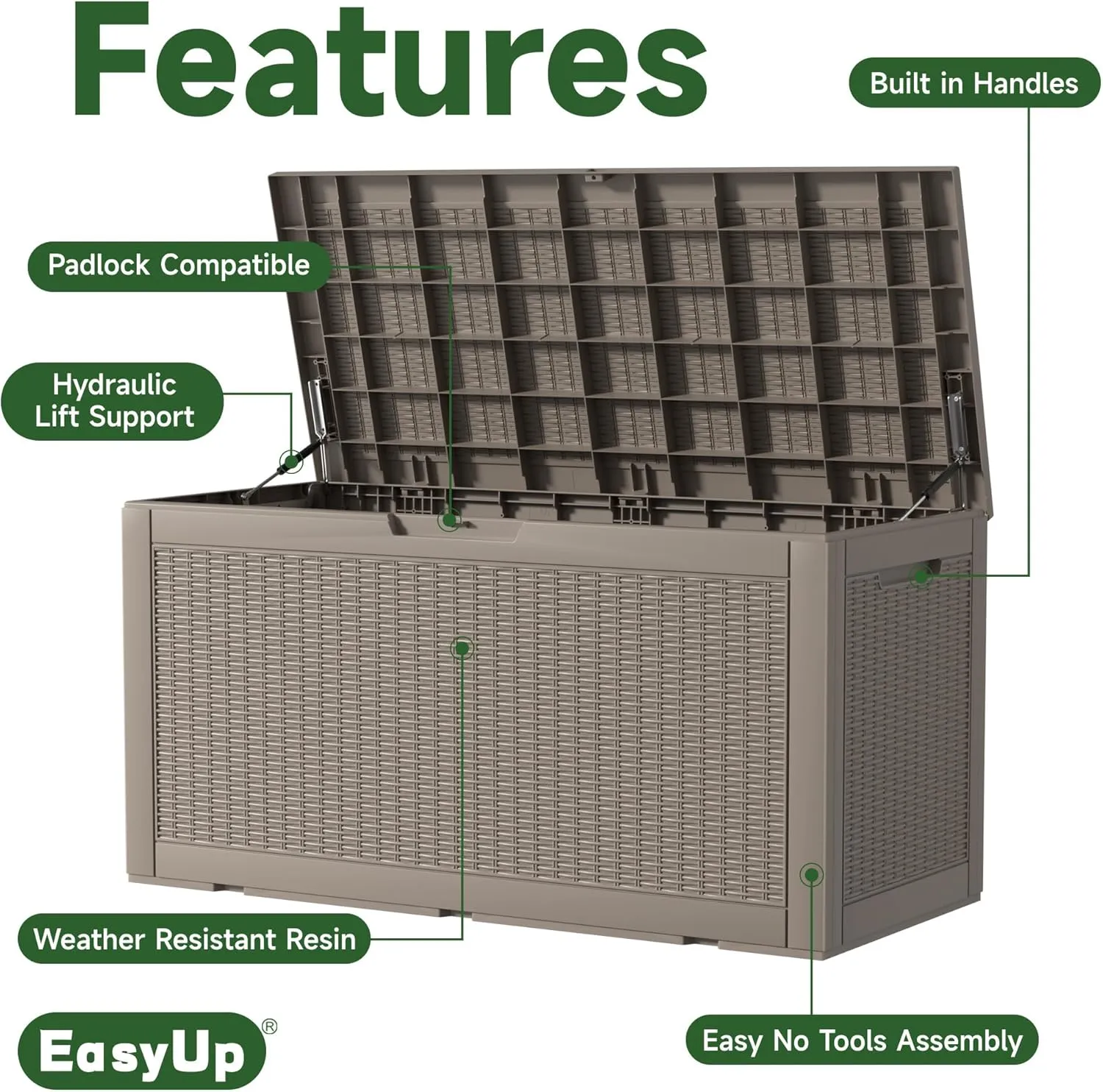 100 Gallon Outdoor Storage Box Waterproof, UV Resistant Resin Deck Box with Hydraulic Rod, Reinforced Stability for Patio, Garden, Rattan Beige