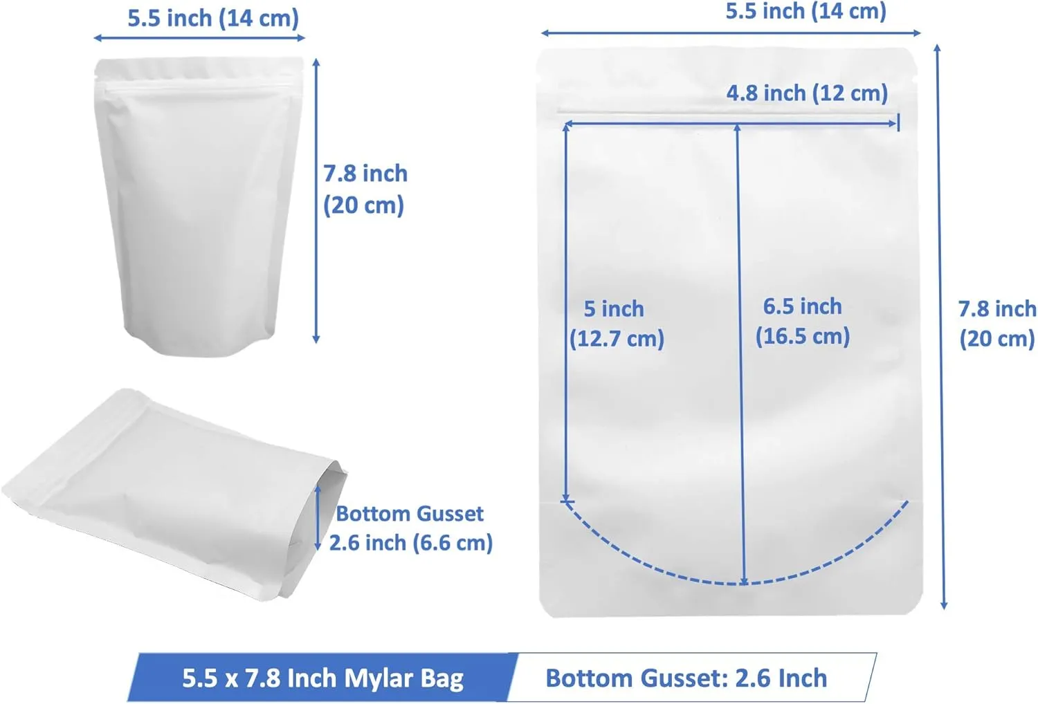 100 Pack Matte White Mylar Stand Up Bags - 5.5x7.8 Inches Resealable Smell Proof Packaging Pouch, Sealable Foil Zipper Bag for Food Storage, Sample Pouches
