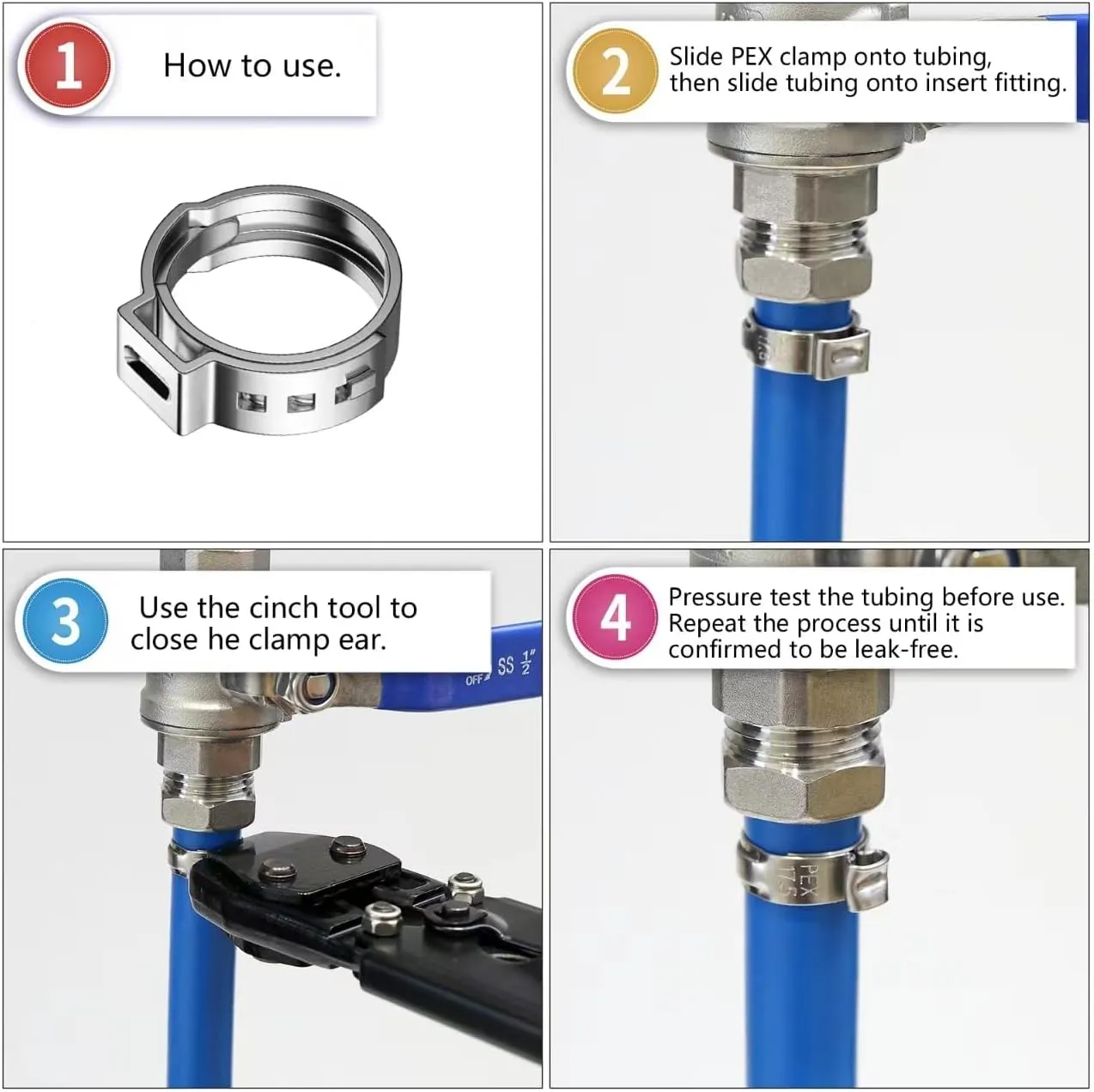 100 PCS 1 Inch PEX Cinch Clamp Rings, 304 Stainless Steel Single Ear Hose Clamps for Plumbing and Pipe Fitting Connections, PEX tubing Pipe Fitting by RTHIEAI