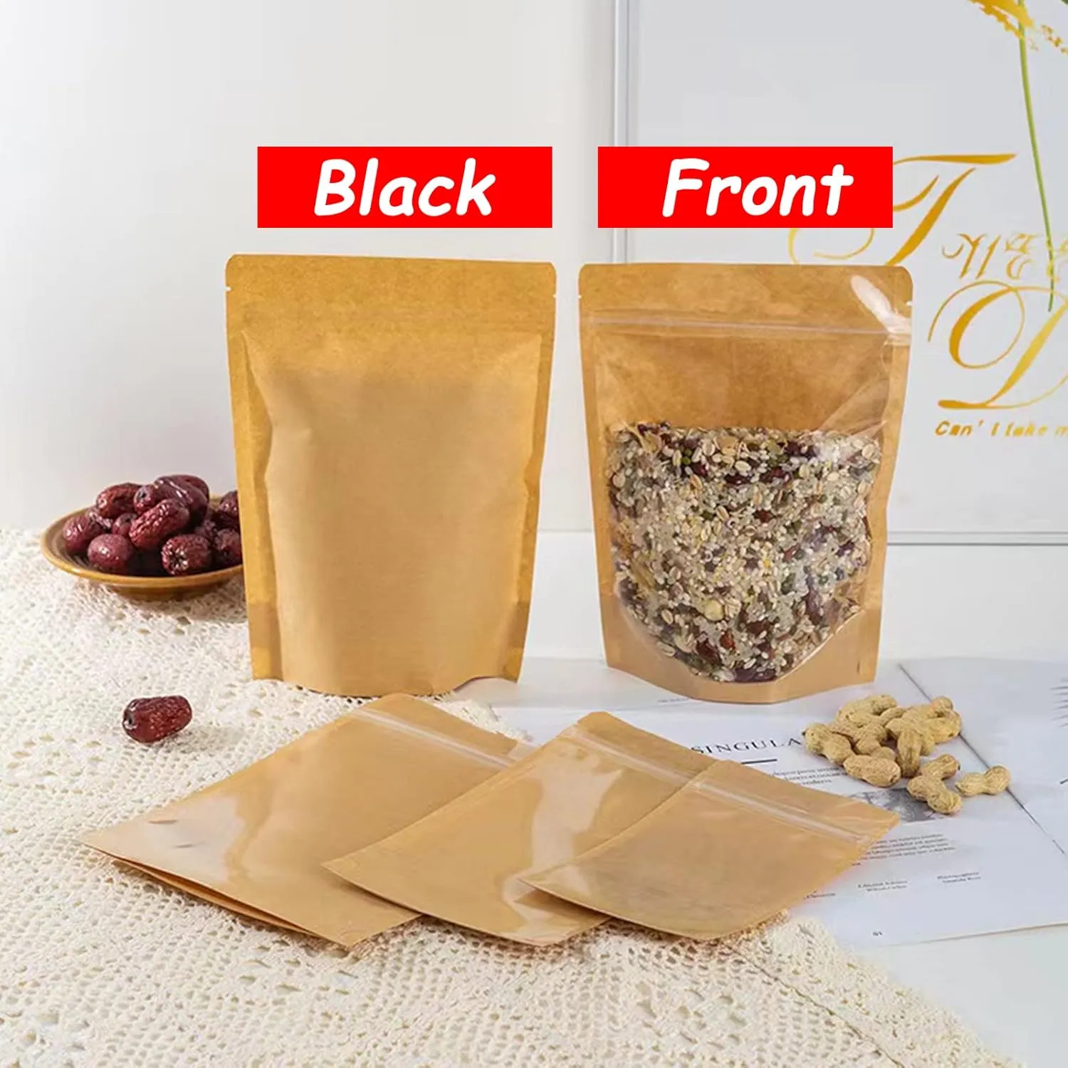 100 PCS Stand Up Pouches, 4 x 6 inch Kraft Paper Food Bags with Clear Window, Reusable Ziplock Food Storage Bags Resealable Pouches for Foods, Coffee Beans, Snacks