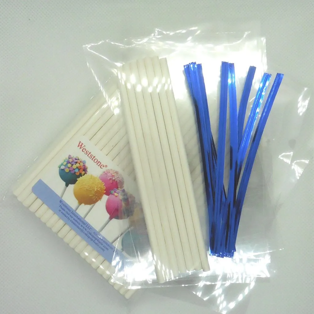 100pcs 6" Lollipop Stick, 100 pcs Poly Bag,  100pcs Blue Twist Tie for parties