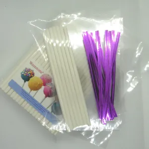 100pcs 6" Lollipop Stick, 100 pcs Poly Bag,  100pcs Hot Pink Twist Tie for cake pops in baby shower or party