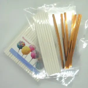 100pcs 6" Lollipop Stick, 100 pcs Poly Bag,  100pcs Orange/Copper Twist Tie for cake pops in parties