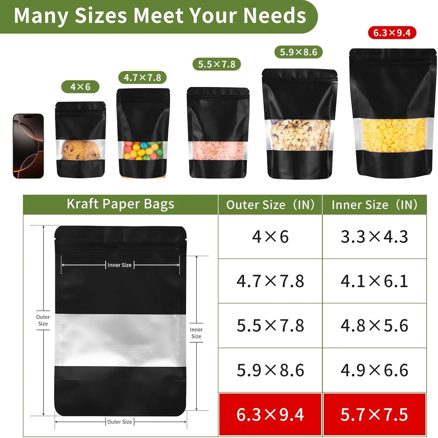 100Pcs 6x9 Inch Smell Proof Bags Stand Up Pouches Resealable Mylar Clear Bags with Window and Zipper Food Storage Coffee Snacks Baked Food Packaging for Small Business (Black)