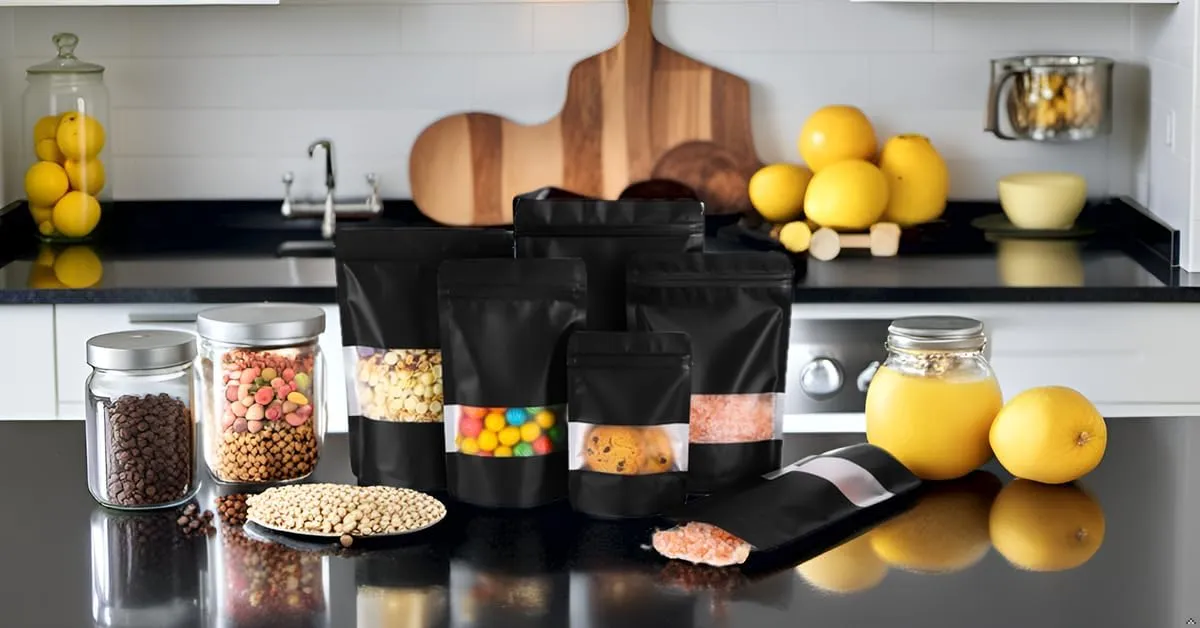 100Pcs 6x9 Inch Smell Proof Bags Stand Up Pouches Resealable Mylar Clear Bags with Window and Zipper Food Storage Coffee Snacks Baked Food Packaging for Small Business (Black)