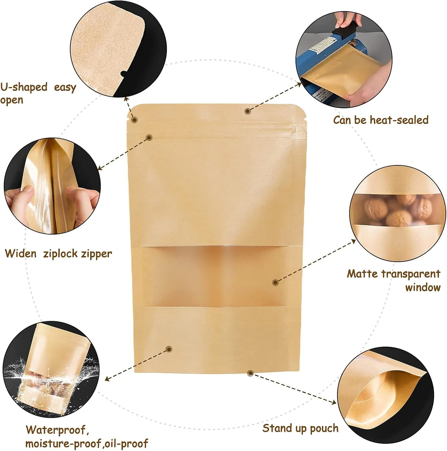 100pcs Kraft Bags with Window 7.1x10 Inches Brown Reusable Sealable Zip Lock Food Storage Stand up Paper Pouches for Home or Business