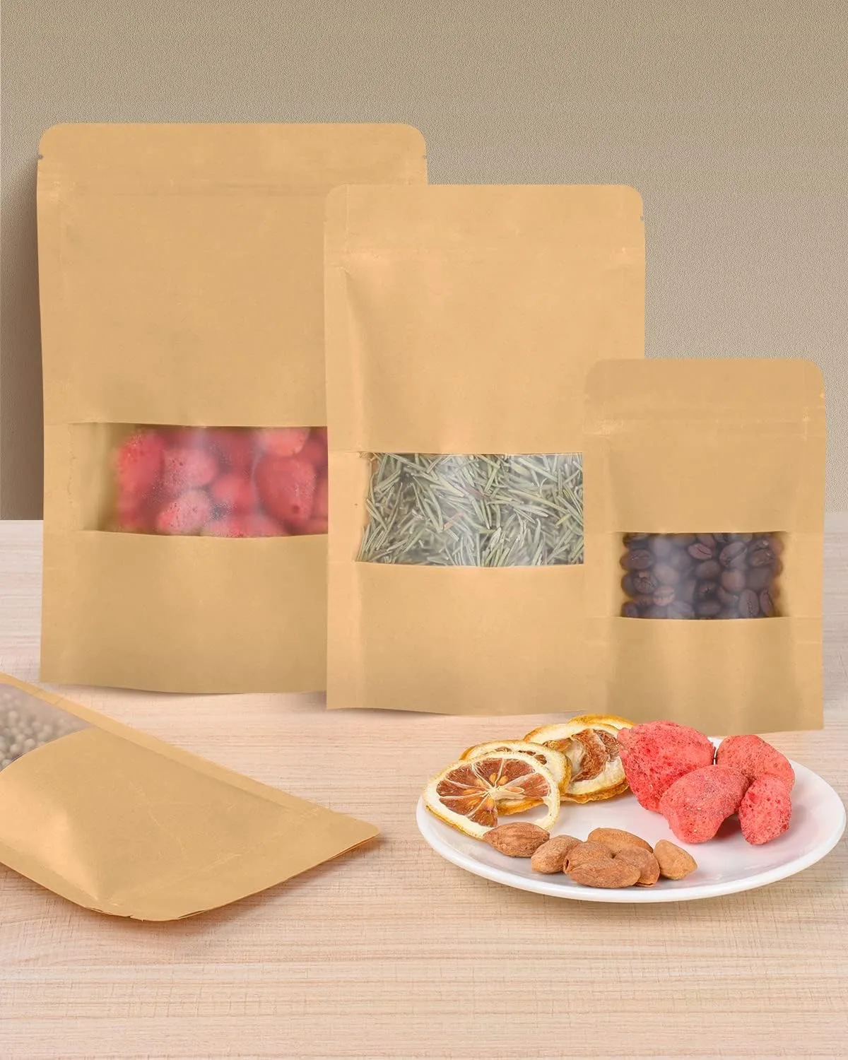 100pcs Kraft Bags with Window 7.1x10 Inches Brown Reusable Sealable Zip Lock Food Storage Stand up Paper Pouches for Home or Business