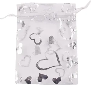 100pcs Organza Wedding Party Gift Bags Heart Pattern Sheer Drawstring Pouches Jewelry Gift Bags Christmas Party Gift Favor Bags (White, 5"x7")