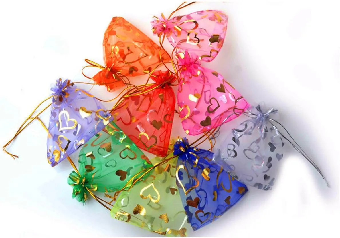 100pcs Organza Wedding Party Gift Bags Heart Pattern Sheer Drawstring Pouches Jewelry Gift Bags Christmas Party Gift Favor Bags (White, 5"x7")