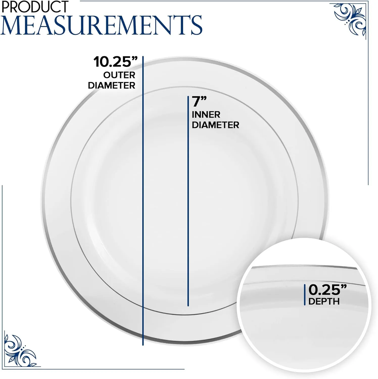10.25" White and Silver Plastic Dinner Plates (100 Pack) - Elegant, Heavy Duty Disposable Set for 100 Guests - Wedding, Thanksgiving, Christmas