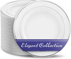 10.25" White and Silver Plastic Dinner Plates (100 Pack) - Elegant, Heavy Duty Disposable Set for 100 Guests - Wedding, Thanksgiving, Christmas