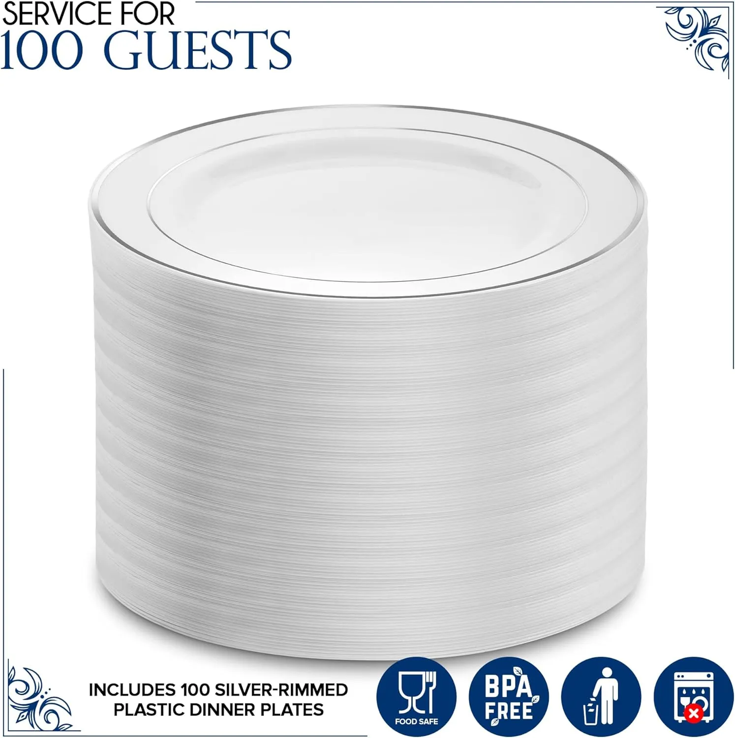 10.25" White and Silver Plastic Dinner Plates (100 Pack) - Elegant, Heavy Duty Disposable Set for 100 Guests - Wedding, Thanksgiving, Christmas