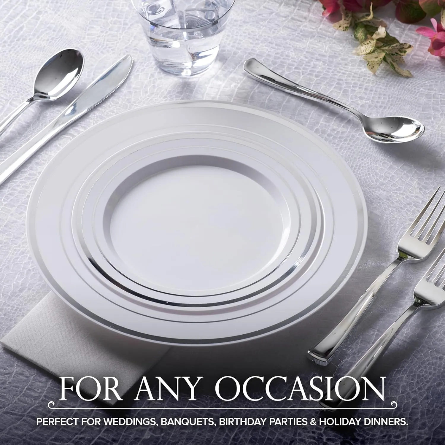 10.25" White and Silver Plastic Dinner Plates (100 Pack) - Elegant, Heavy Duty Disposable Set for 100 Guests - Wedding, Thanksgiving, Christmas