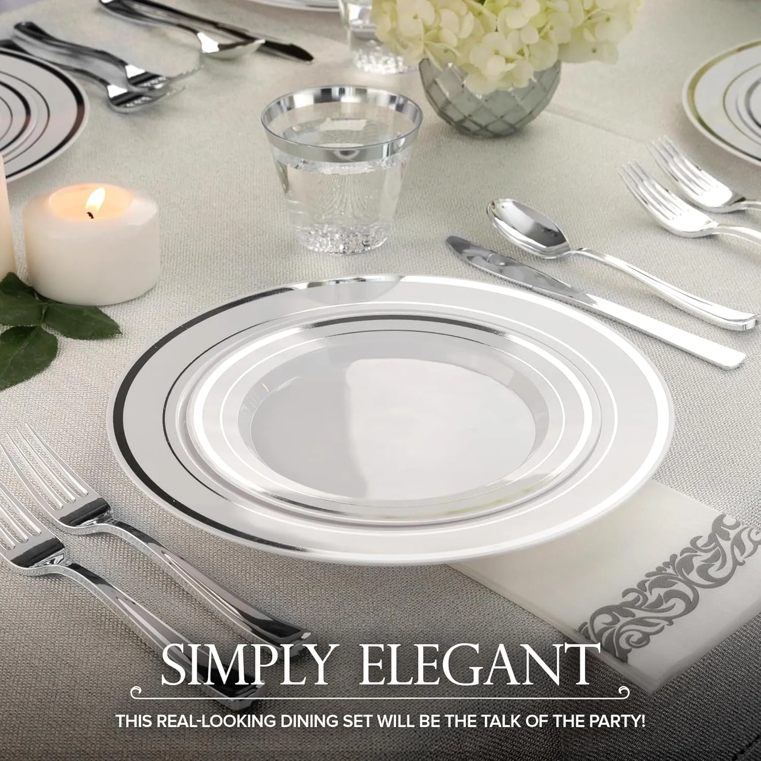 10.25" White and Silver Plastic Dinner Plates (100 Pack) - Elegant, Heavy Duty Disposable Set for 100 Guests - Wedding, Thanksgiving, Christmas