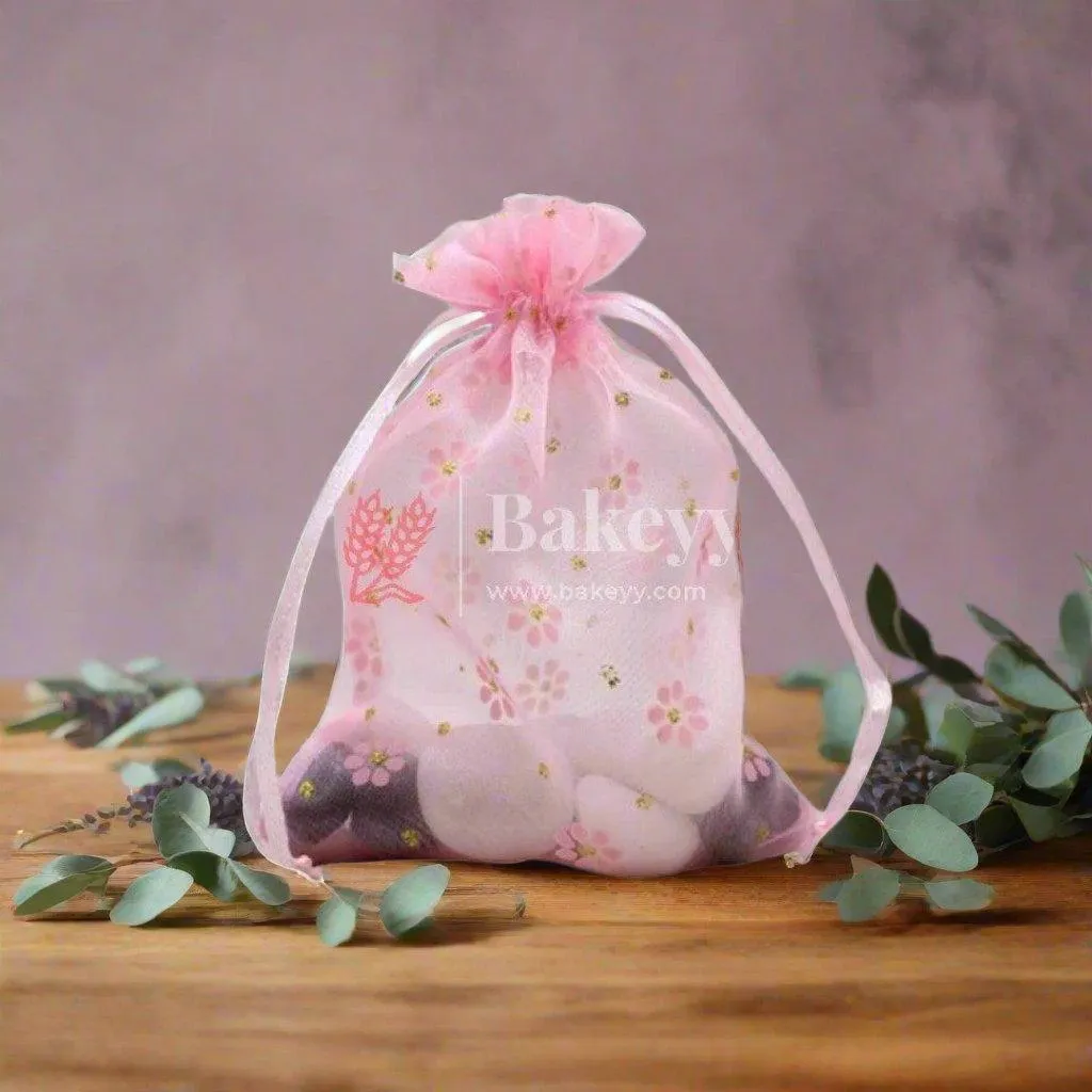 10x14 CM | Big Polka Dots Organza Potli Bags | Pack of 100 | Light Pink Color | Candy Bag