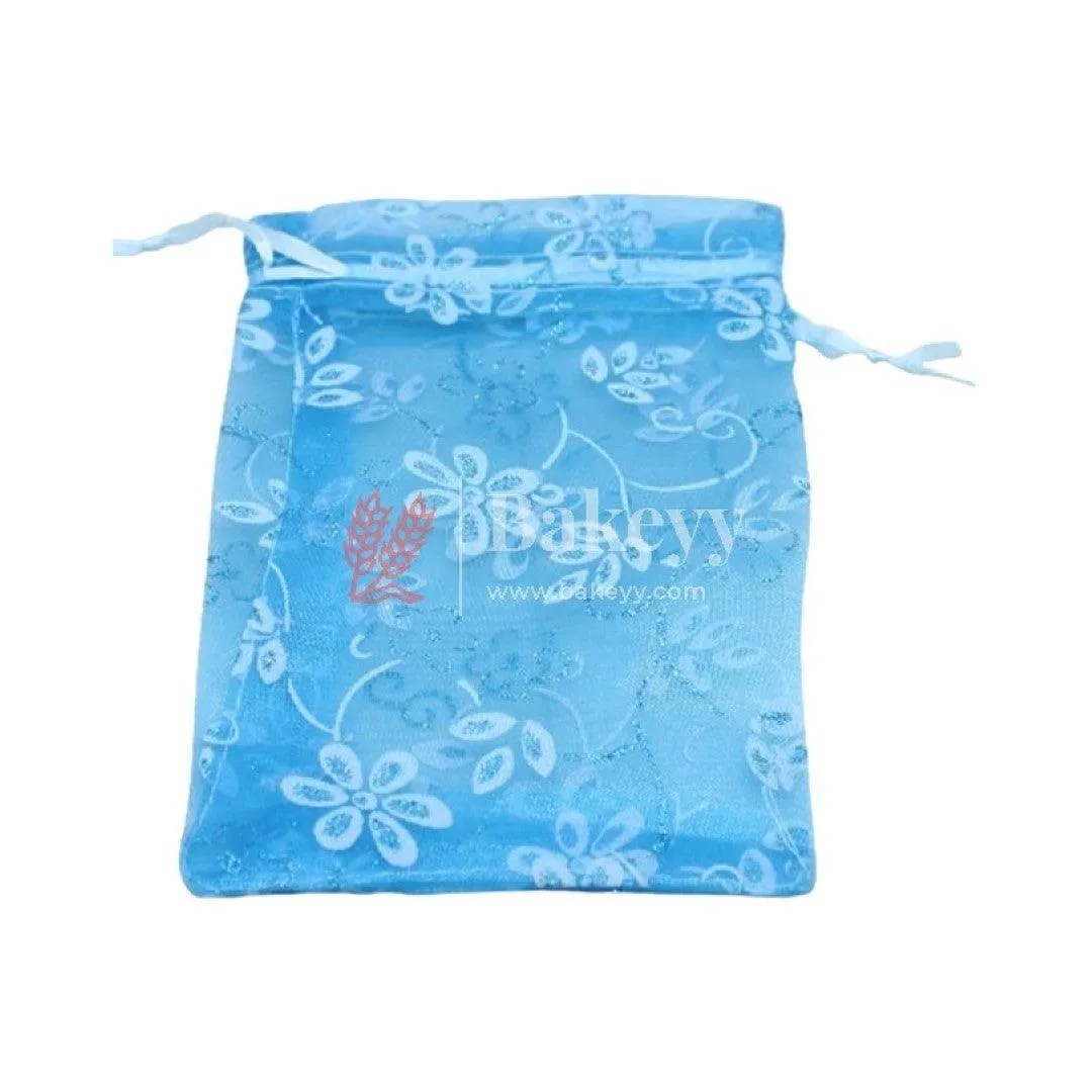 10x14 CM | Floral Designs Organza Potli Bags | Pack of 100 | Blue Color | Candy Bag