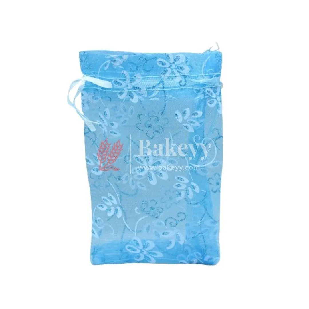 10x14 CM | Floral Designs Organza Potli Bags | Pack of 100 | Blue Color | Candy Bag