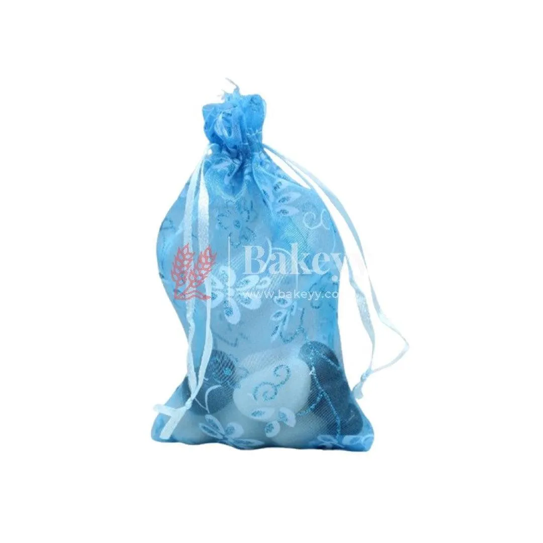 10x14 CM | Floral Designs Organza Potli Bags | Pack of 100 | Blue Color | Candy Bag