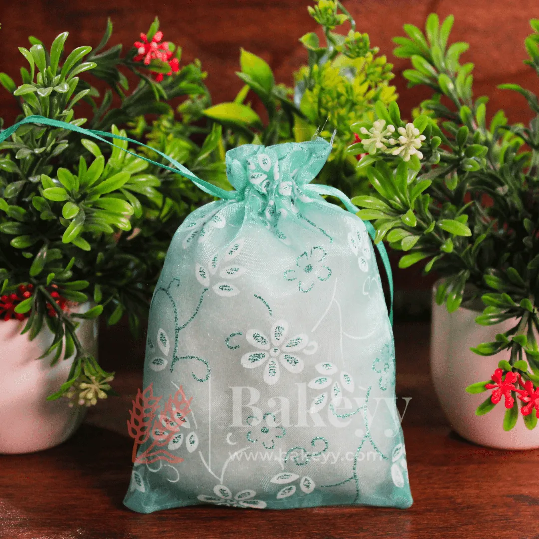 10x14 CM | Floral Designs Organza Potli Bags | Pack of 100 | Blue Color | Candy Bag