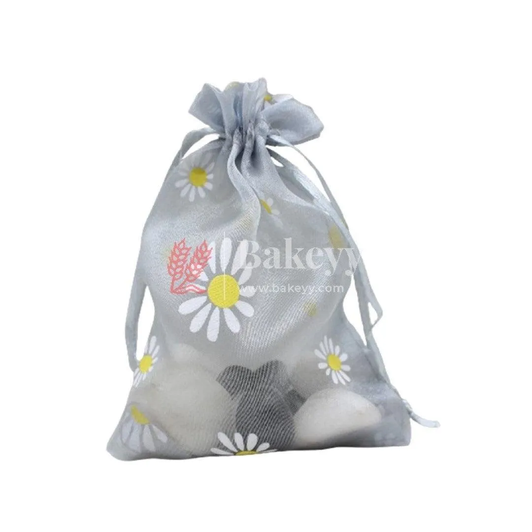10x14 CM | Floral Designs Organza Potli Bags | Pack of 100 | Grey Color | Candy Bag
