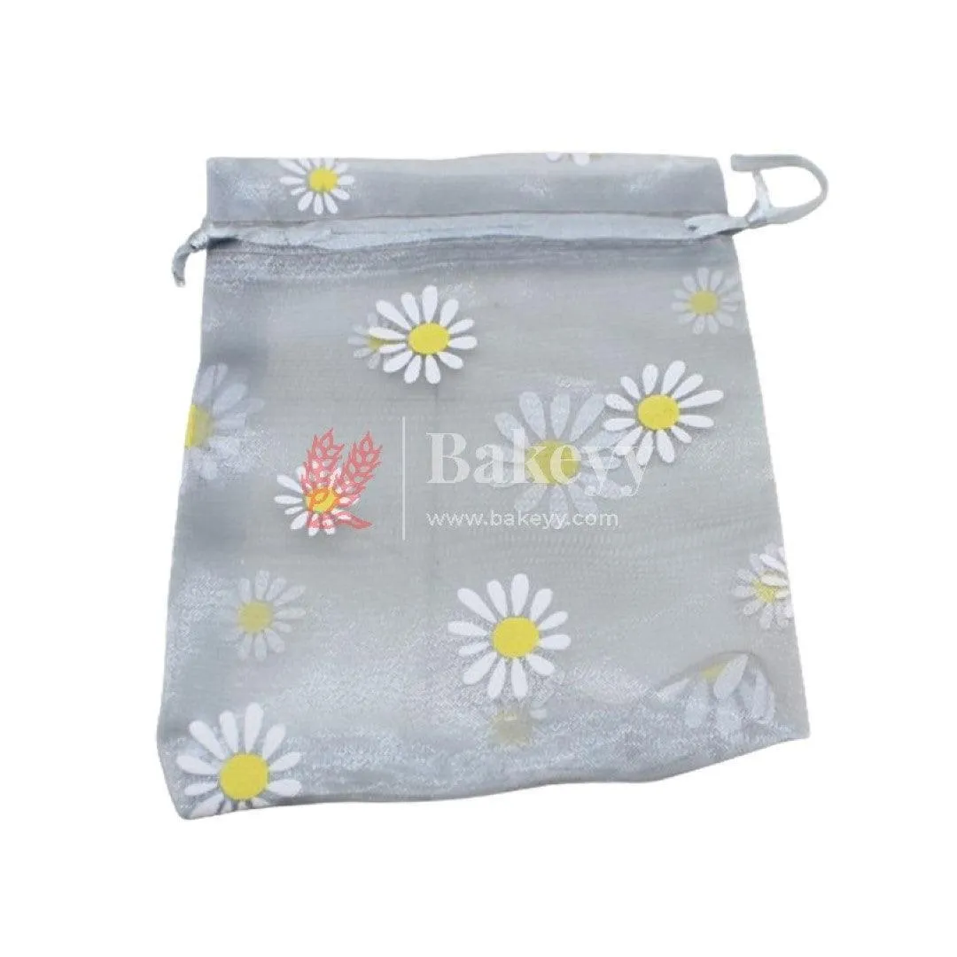 10x14 CM | Floral Designs Organza Potli Bags | Pack of 100 | Grey Color | Candy Bag
