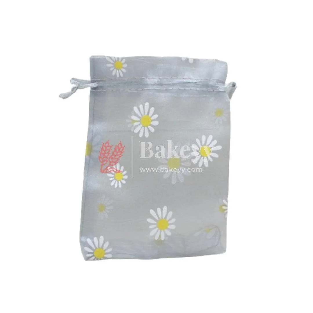 10x14 CM | Floral Designs Organza Potli Bags | Pack of 100 | Grey Color | Candy Bag