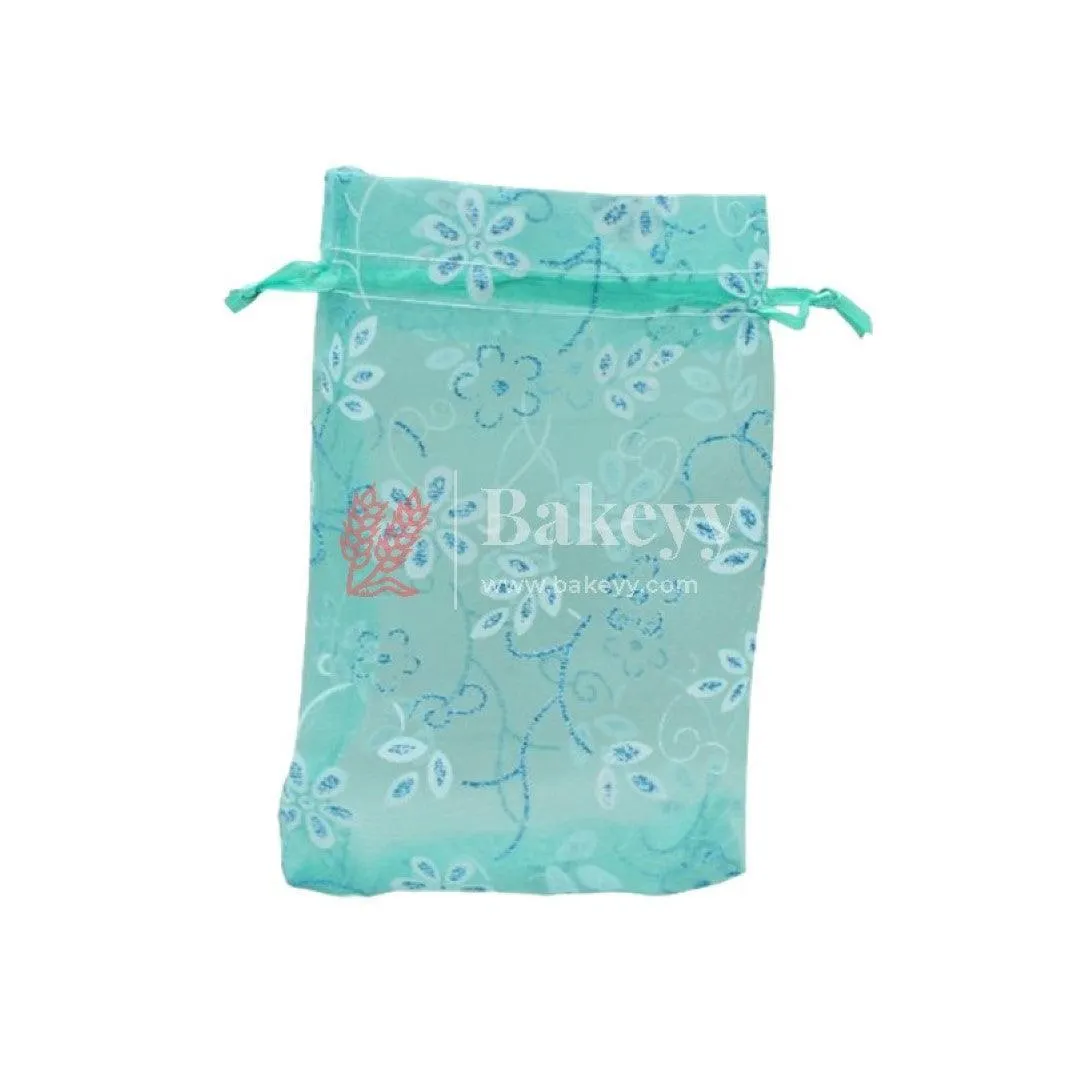 10x14 CM | Floral Designs Organza Potli Bags | Pack of 100 | Turquoise Color | Candy Bag