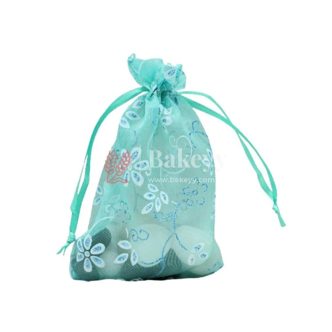 10x14 CM | Floral Designs Organza Potli Bags | Pack of 100 | Turquoise Color | Candy Bag