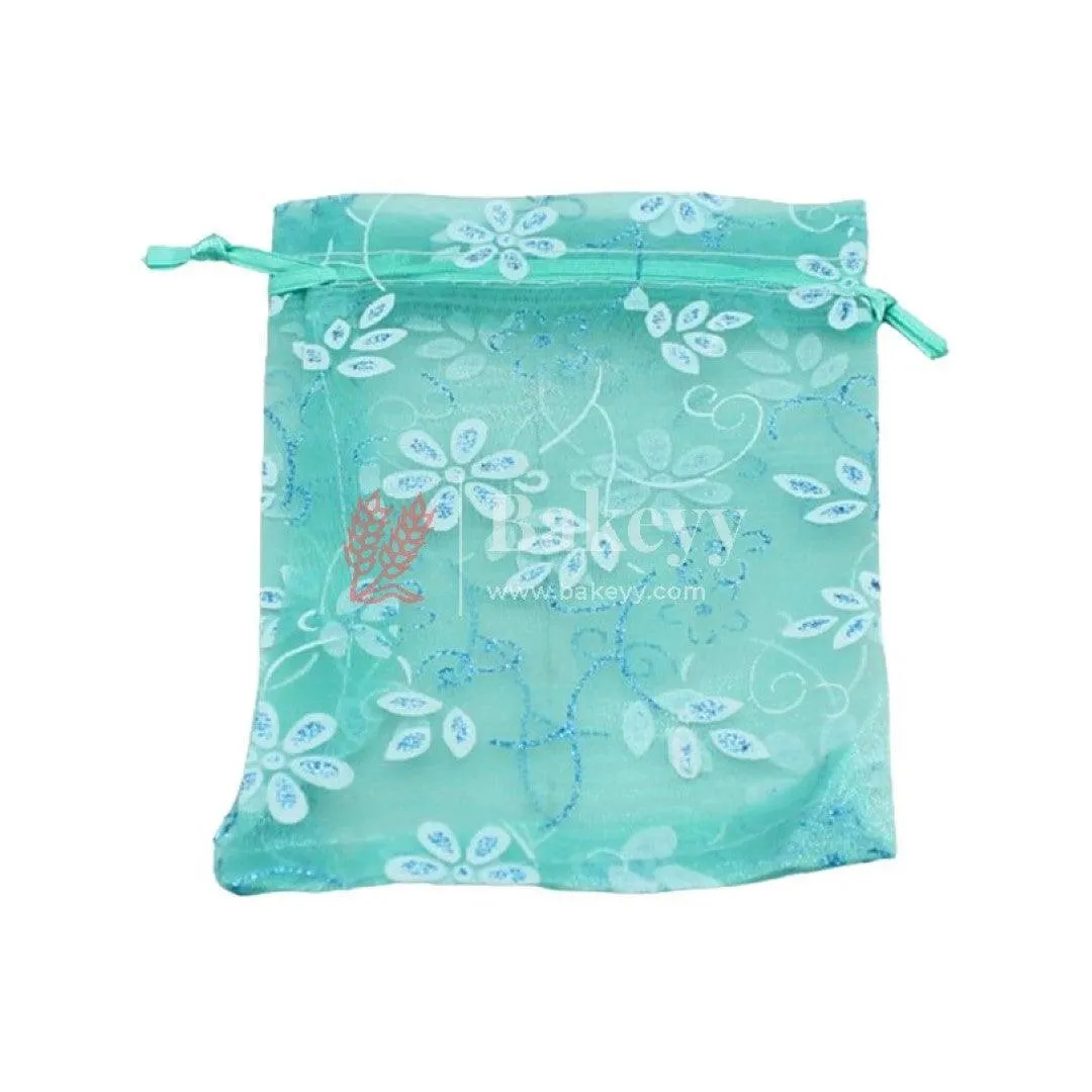 10x14 CM | Floral Designs Organza Potli Bags | Pack of 100 | Turquoise Color | Candy Bag