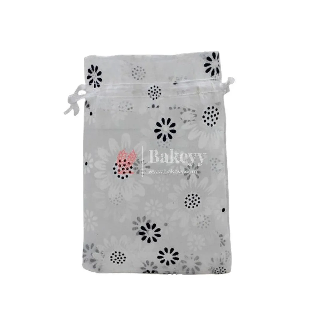 10x14 CM | Floral Designs Organza Potli Bags | Pack of 100 | White Color | Candy Bag