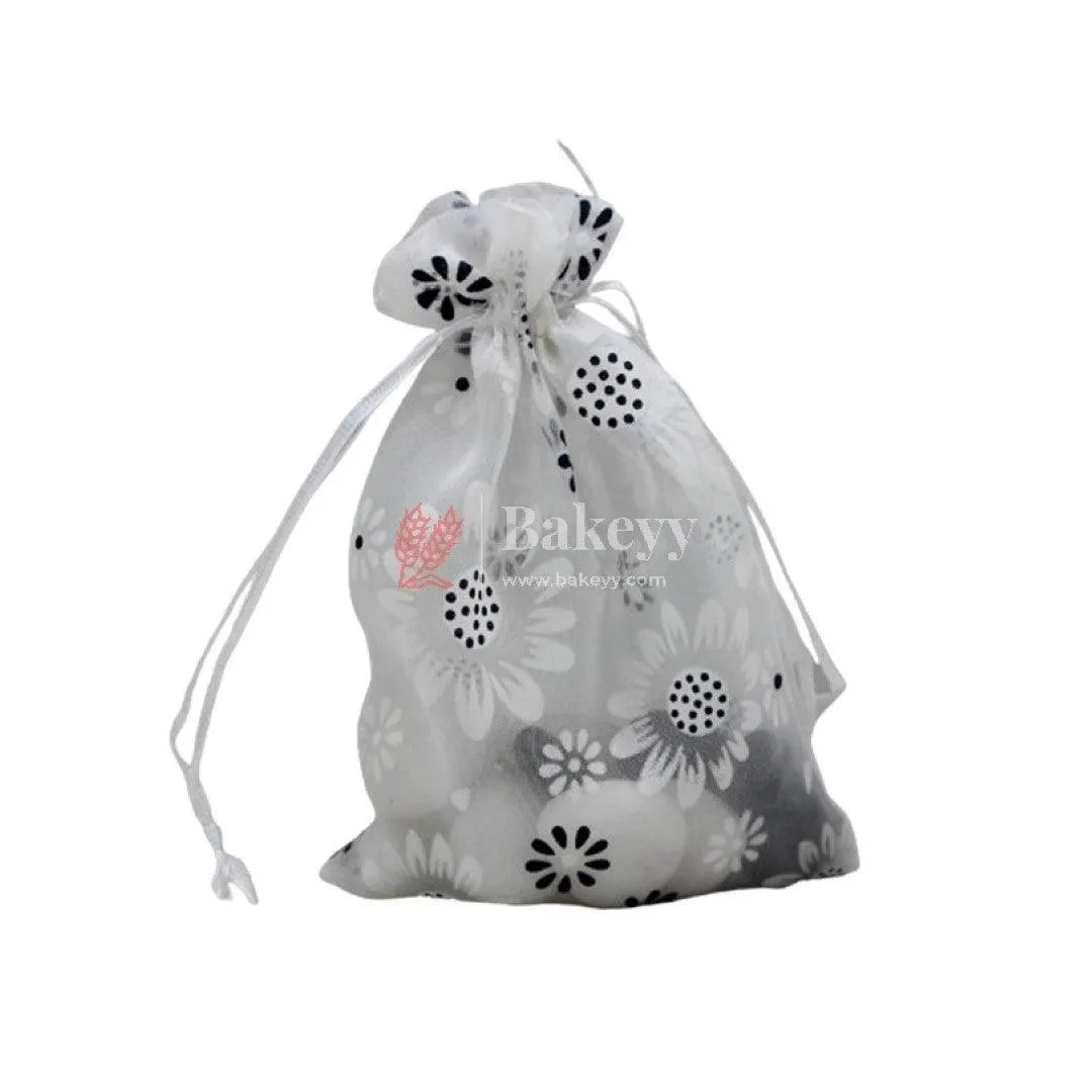 10x14 CM | Floral Designs Organza Potli Bags | Pack of 100 | White Color | Candy Bag