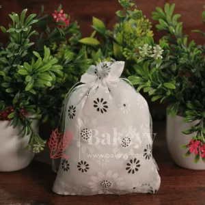 10x14 CM | Floral Designs Organza Potli Bags | Pack of 100 | White Color | Candy Bag