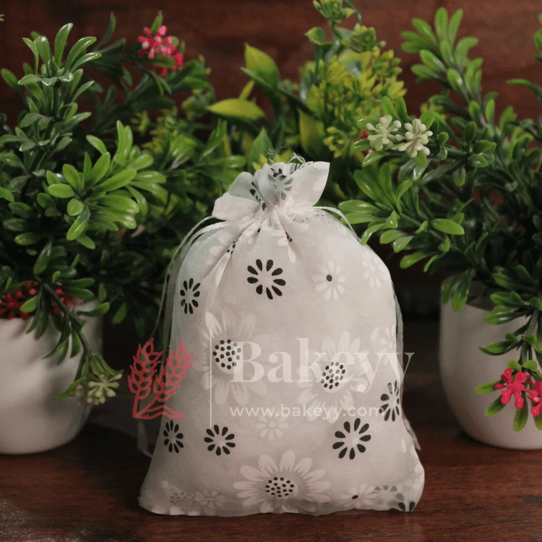 10x14 CM | Floral Designs Organza Potli Bags | Pack of 100 | White Color | Candy Bag
