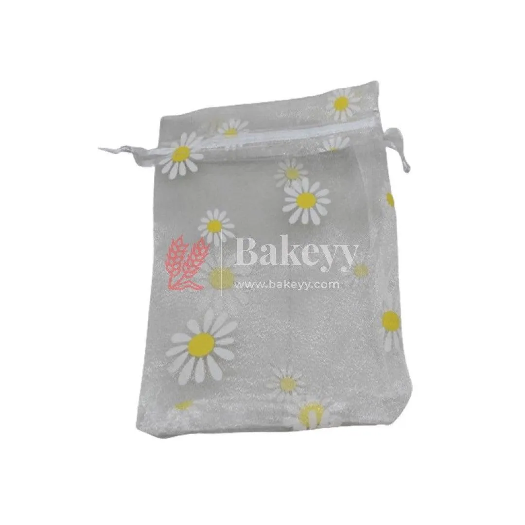 10x14 CM| Floral Designs Organza Potli Bags | Pack of 100 | White Color | Candy Bag