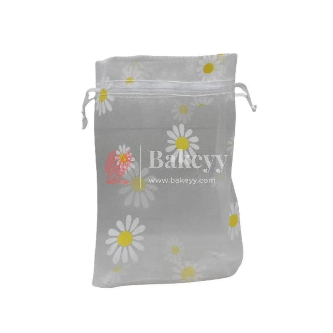 10x14 CM| Floral Designs Organza Potli Bags | Pack of 100 | White Color | Candy Bag