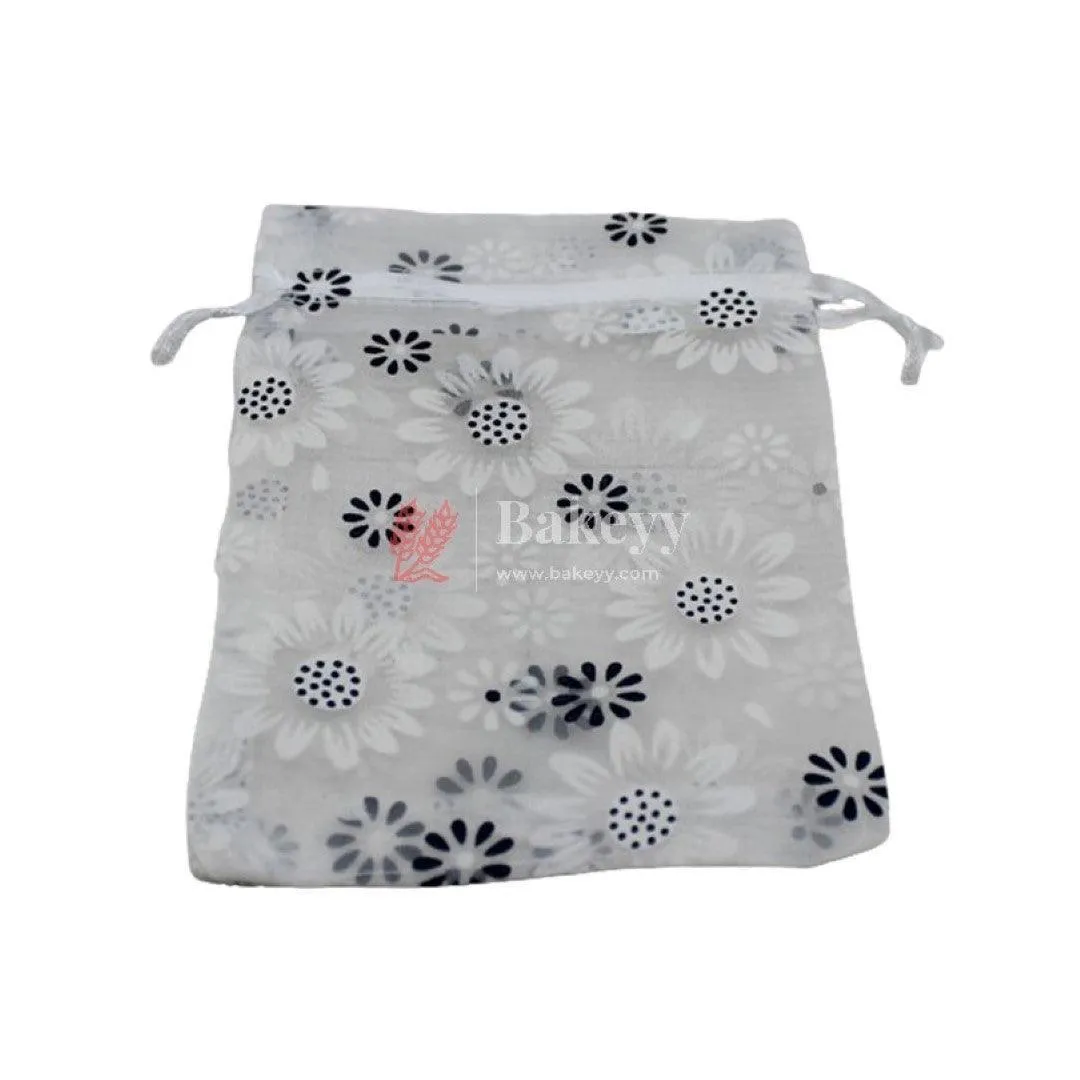 10x14 CM | Floral Designs Organza Potli Bags | Pack of 100 | White Color | Candy Bag