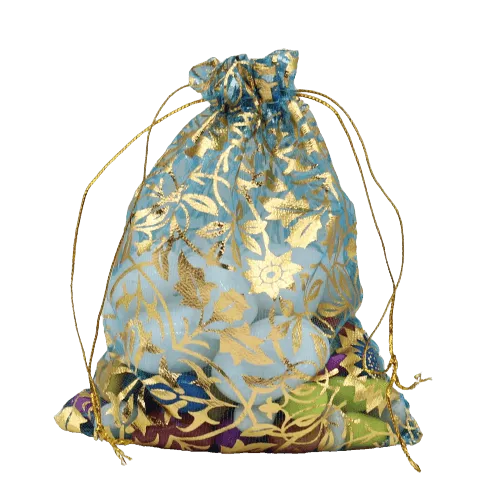 10x14 CM | Printed Organza Potli Bags | Pack of 70 | Sky Blue Colour | Candy Bag
