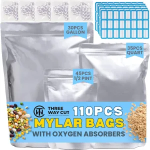 110PCS 10Mil Thick Mylar Bags For Food Storage with Oxygen Absorbers- Assorted Size Mylar Bags, 400cc Deoxidizer, Variety Ziplock Bag Gallon, Quart, 1/2 Pint Prepping Large Storage, Heat & Vacuum Seal