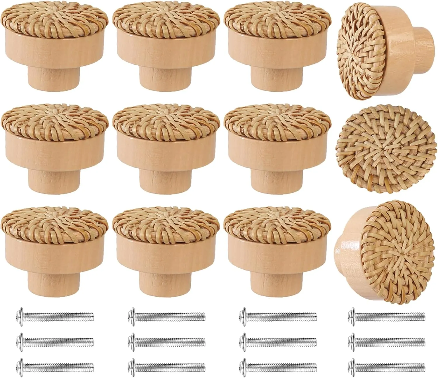 12 Pack Boho Rattan Dresser Knobs Handmade Wooden Drawer Knobs Durable Beech Wood Drawer Pulls,with 24 Screws Wicker Woven Pulls for Cabinets, Furniture
