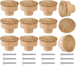 12 Pack Boho Rattan Dresser Knobs Handmade Wooden Drawer Knobs Durable Beech Wood Drawer Pulls,with 24 Screws Wicker Woven Pulls for Cabinets, Furniture