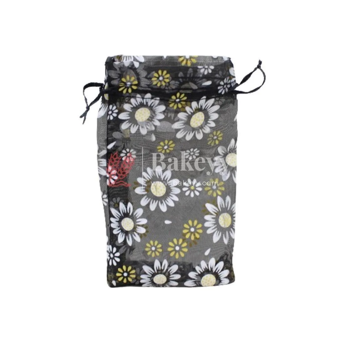 13x18 CM | Floral Designs Organza Potli Bags | Pack of 100 | Black Color | Candy Bag | Pack of 100