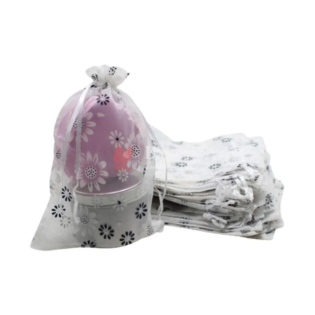 13x18 CM | Floral Designs Organza Potli Bags | Pack of 100 | White Color | Candy Bag